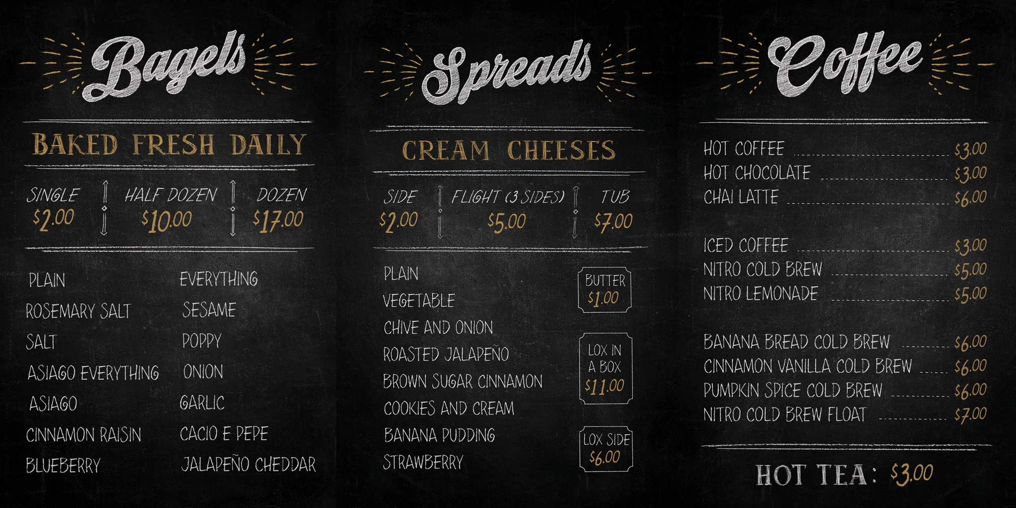 black digital menu with bagel and drink options